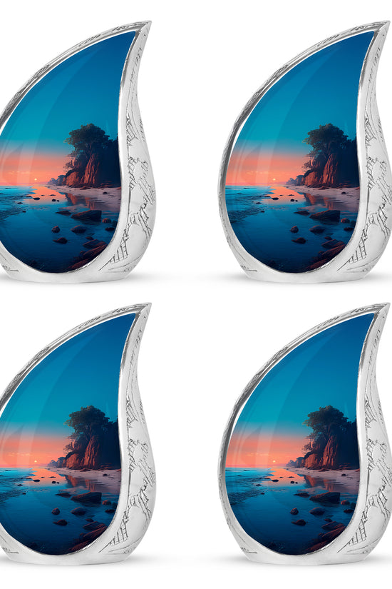 Vivid Teal Beach Cremation Urn close-up of engraving and surface detail - smooth teardrop contour featuring beach art - 10 inch aluminum urn for cremated remains