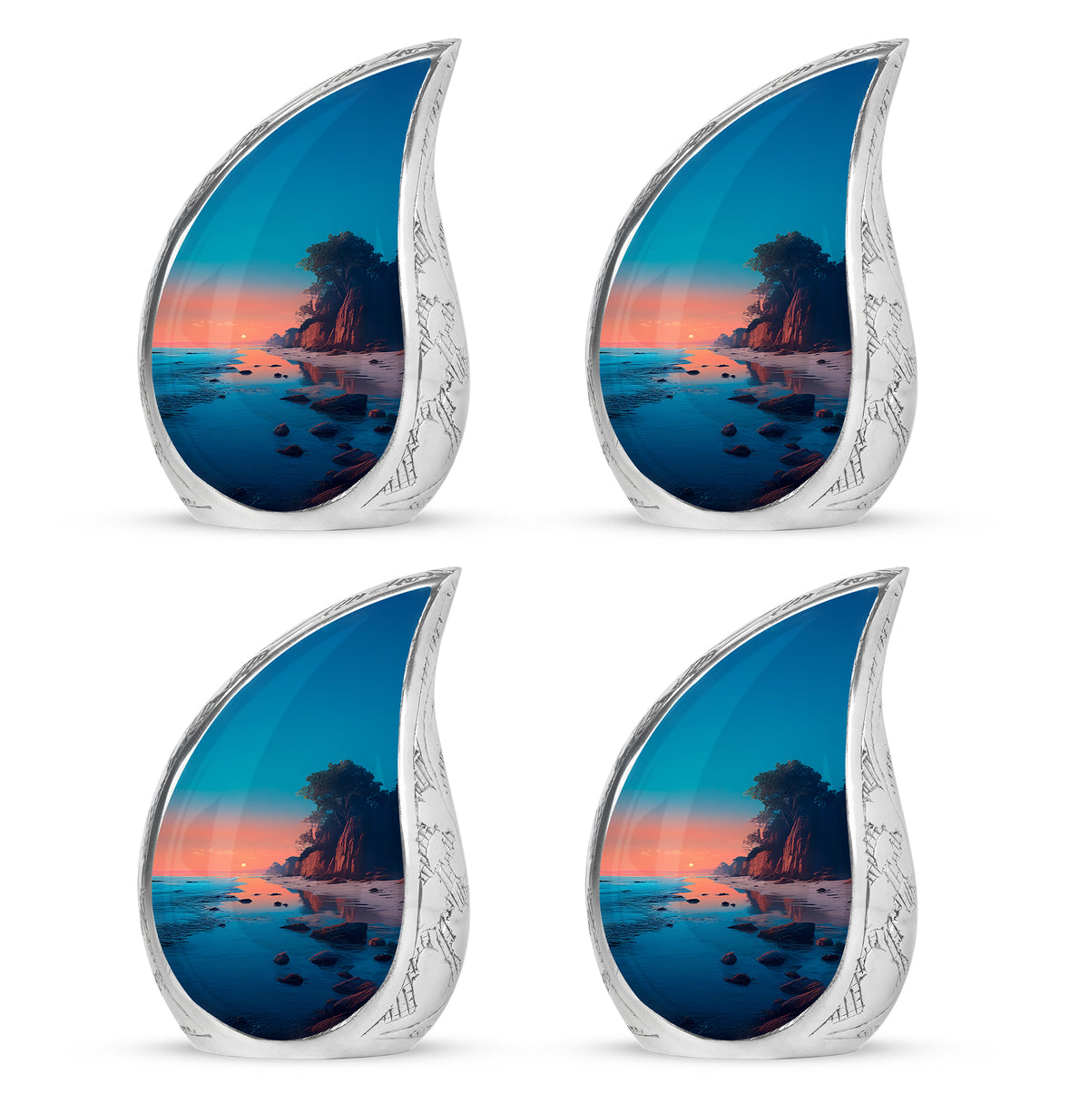 Vivid Teal Beach Cremation Urn close-up of engraving and surface detail - smooth teardrop contour featuring beach art - 10 inch aluminum urn for cremated remains