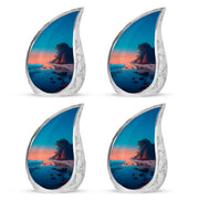 Vivid Teal Beach Cremation Urn close-up of engraving and surface detail - smooth teardrop contour featuring beach art - 10 inch aluminum urn for cremated remains