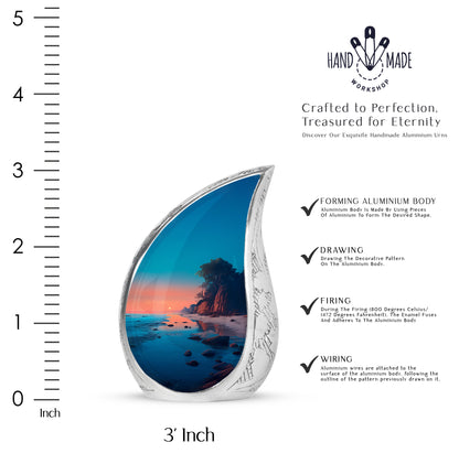 Sea Green Teal Beach Cremation Urn angled view of lid and engraved motif - rounded teardrop beach design with delicate detail - mini keepsake memorial for portion of cremation ashes