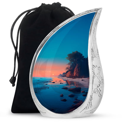 Mystic Teal Beach Cremation Urn front view showing detailed design - smooth teardrop contour featuring beach art - full-size 10 inch 200 cubic inch adult cremation urn