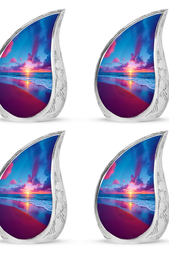 Indigo Beach Cremation Urn close-up of engraving and surface detail - rounded teardrop beach design with delicate detail - 10 inch aluminum urn for cremated remains
