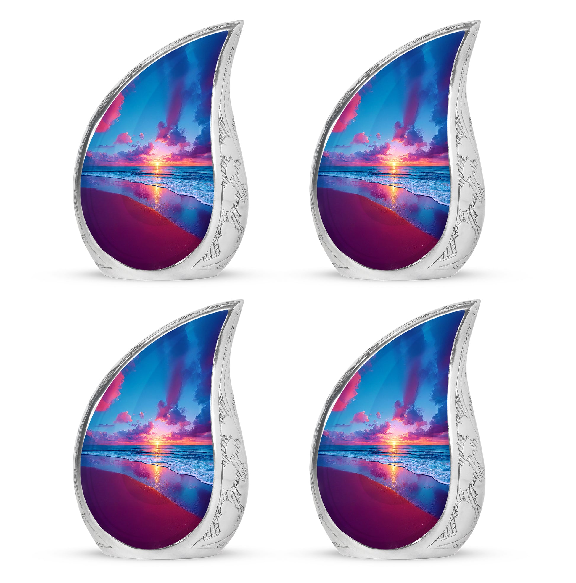 Indigo Beach Cremation Urn close-up of engraving and surface detail - rounded teardrop beach design with delicate detail - 10 inch aluminum urn for cremated remains