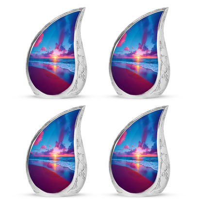 Indigo Beach Cremation Urn close-up of engraving and surface detail - rounded teardrop beach design with delicate detail - 10 inch aluminum urn for cremated remains