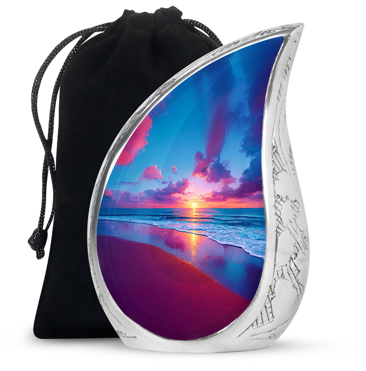Navy Blue Beach Cremation Urn front view showing detailed design - flowing teardrop beach silhouette on curved aluminum - full-size 10 inch 200 cubic inch adult cremation urn