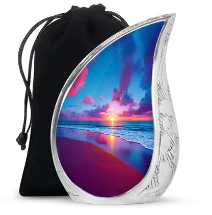 Navy Blue Beach Cremation Urn front view showing detailed design - flowing teardrop beach silhouette on curved aluminum - full-size 10 inch 200 cubic inch adult cremation urn