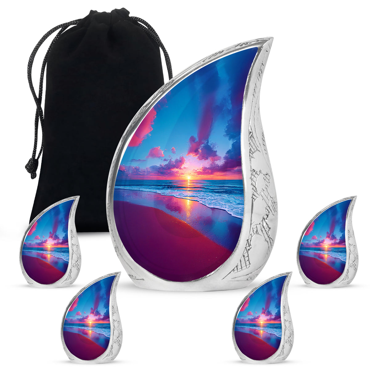 Misty Blue Beach Cremation Urn side profile showing urn shape - flowing teardrop beach silhouette on curved aluminum - memorial set with one large and four small urns