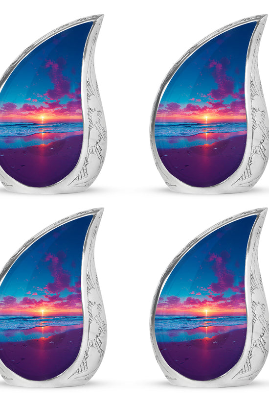 Twilight Blue Beach Cremation Urn close-up of engraving and surface detail - graceful tear-shaped urn with beach motif - 10 inch aluminum urn for cremated remains