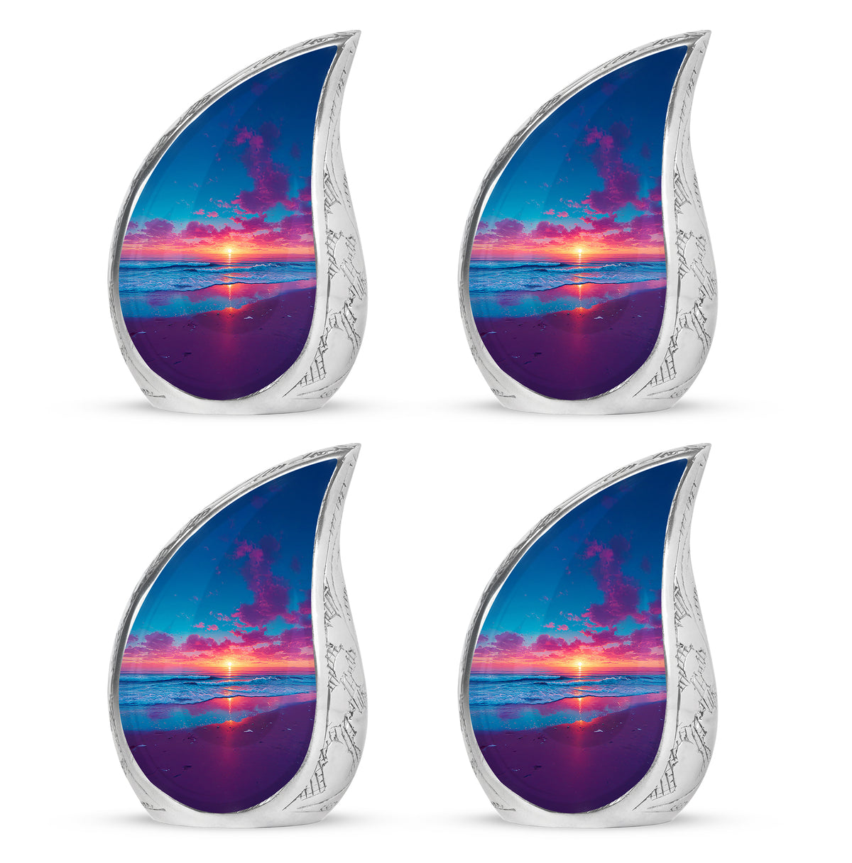 Twilight Blue Beach Cremation Urn close-up of engraving and surface detail - graceful tear-shaped urn with beach motif - 10 inch aluminum urn for cremated remains
