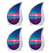 Twilight Blue Beach Cremation Urn close-up of engraving and surface detail - graceful tear-shaped urn with beach motif - 10 inch aluminum urn for cremated remains