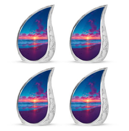 Twilight Blue Beach Cremation Urn close-up of engraving and surface detail - graceful tear-shaped urn with beach motif - 10 inch aluminum urn for cremated remains