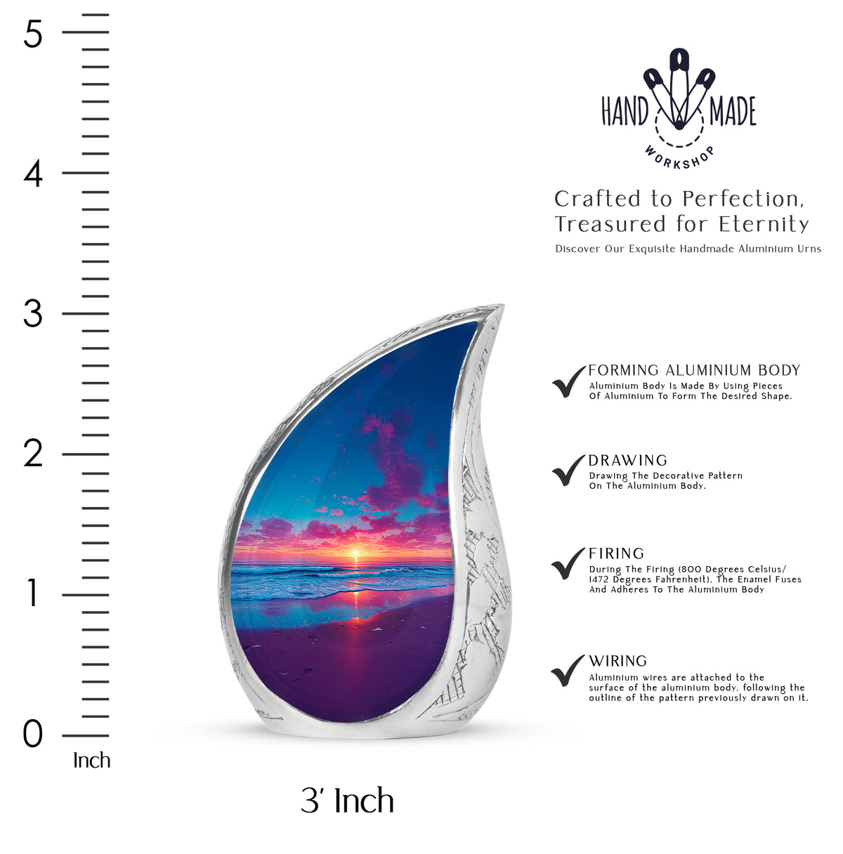 Misty Blue Beach Cremation Urn angled view of lid and engraved motif - rounded teardrop beach design with delicate detail - mini keepsake memorial for portion of cremation ashes