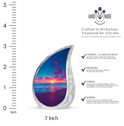 Misty Blue Beach Cremation Urn angled view of lid and engraved motif - rounded teardrop beach design with delicate detail - mini keepsake memorial for portion of cremation ashes