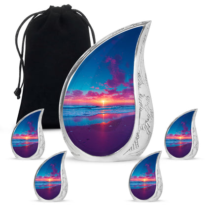 Azure Beach Cremation Urn side profile showing urn shape - flowing teardrop beach silhouette on curved aluminum - memorial set with one large and four small urns