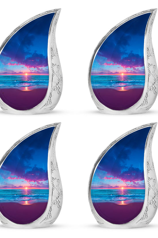 Serene Blue Beach Cremation Urn close-up of engraving and surface detail - smooth teardrop contour featuring beach art - 10 inch aluminum urn for cremated remains
