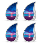 Serene Blue Beach Cremation Urn close-up of engraving and surface detail - smooth teardrop contour featuring beach art - 10 inch aluminum urn for cremated remains