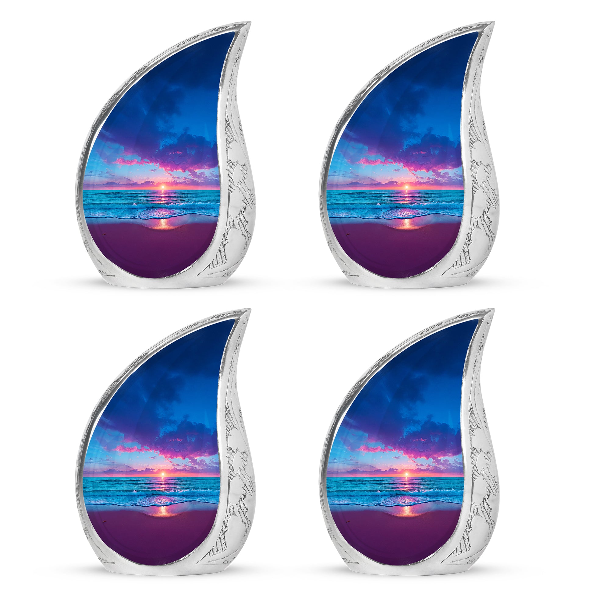 Serene Blue Beach Cremation Urn close-up of engraving and surface detail - smooth teardrop contour featuring beach art - 10 inch aluminum urn for cremated remains