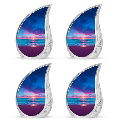 Serene Blue Beach Cremation Urn close-up of engraving and surface detail - smooth teardrop contour featuring beach art - 10 inch aluminum urn for cremated remains