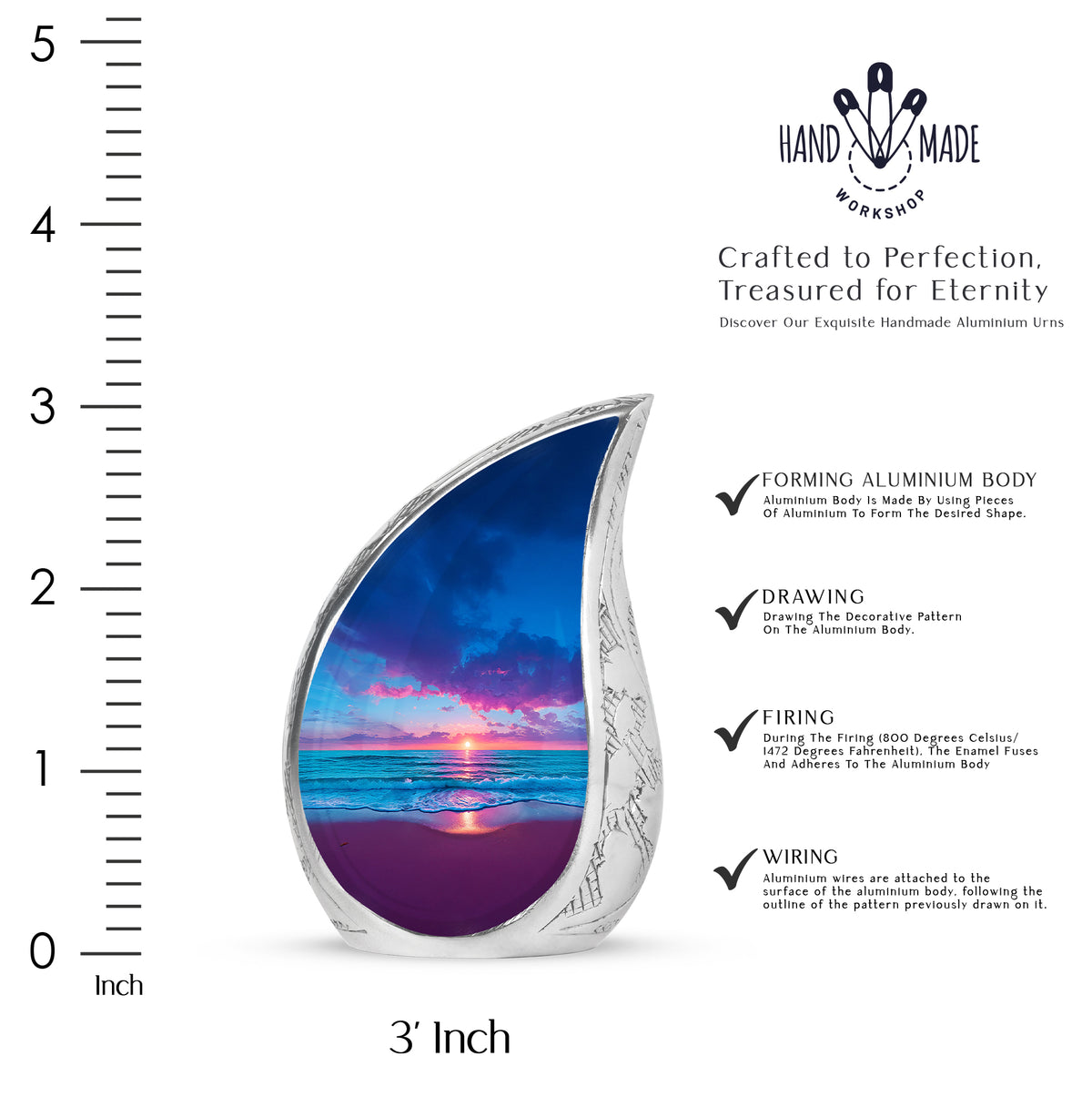 Calming Blue Beach Cremation Urn angled view of lid and engraved motif - graceful tear-shaped urn with beach motif - mini keepsake memorial for portion of cremation ashes