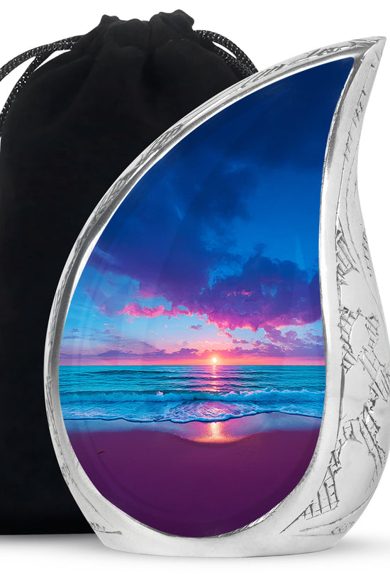 Powder Blue Beach Cremation Urn front view showing detailed design - rounded teardrop beach design with delicate detail - full-size 10 inch 200 cubic inch adult cremation urn