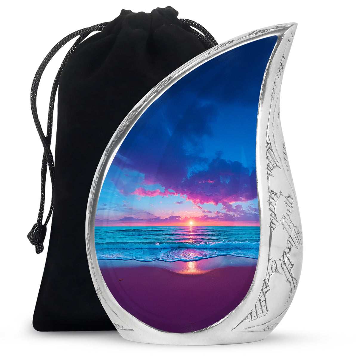 Powder Blue Beach Cremation Urn front view showing detailed design - rounded teardrop beach design with delicate detail - full-size 10 inch 200 cubic inch adult cremation urn