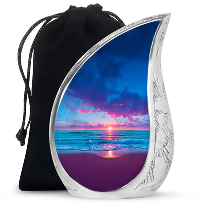 Powder Blue Beach Cremation Urn front view showing detailed design - rounded teardrop beach design with delicate detail - full-size 10 inch 200 cubic inch adult cremation urn