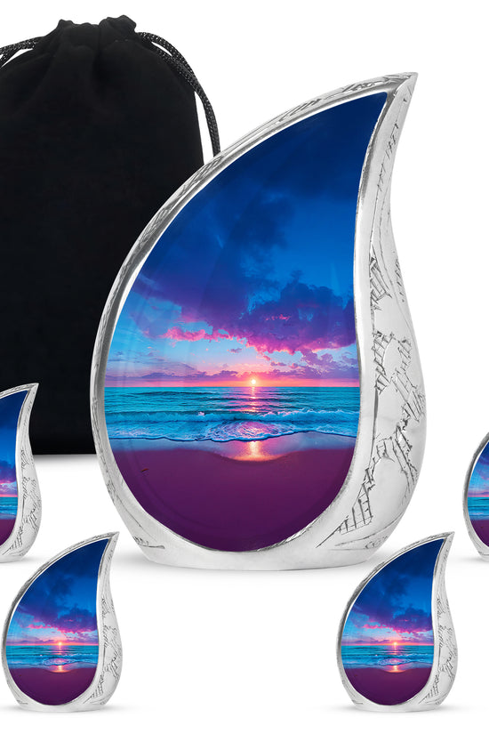 Sapphire Blue Beach Cremation Urn side profile showing urn shape - smooth teardrop contour featuring beach art - memorial set with one large and four small urns