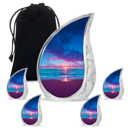 Sapphire Blue Beach Cremation Urn side profile showing urn shape - smooth teardrop contour featuring beach art - memorial set with one large and four small urns