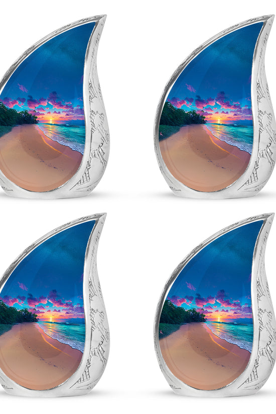 Serene Blue Beach Cremation Urn close-up of engraving and surface detail - graceful tear-shaped urn with beach motif - 10 inch aluminum urn for cremated remains