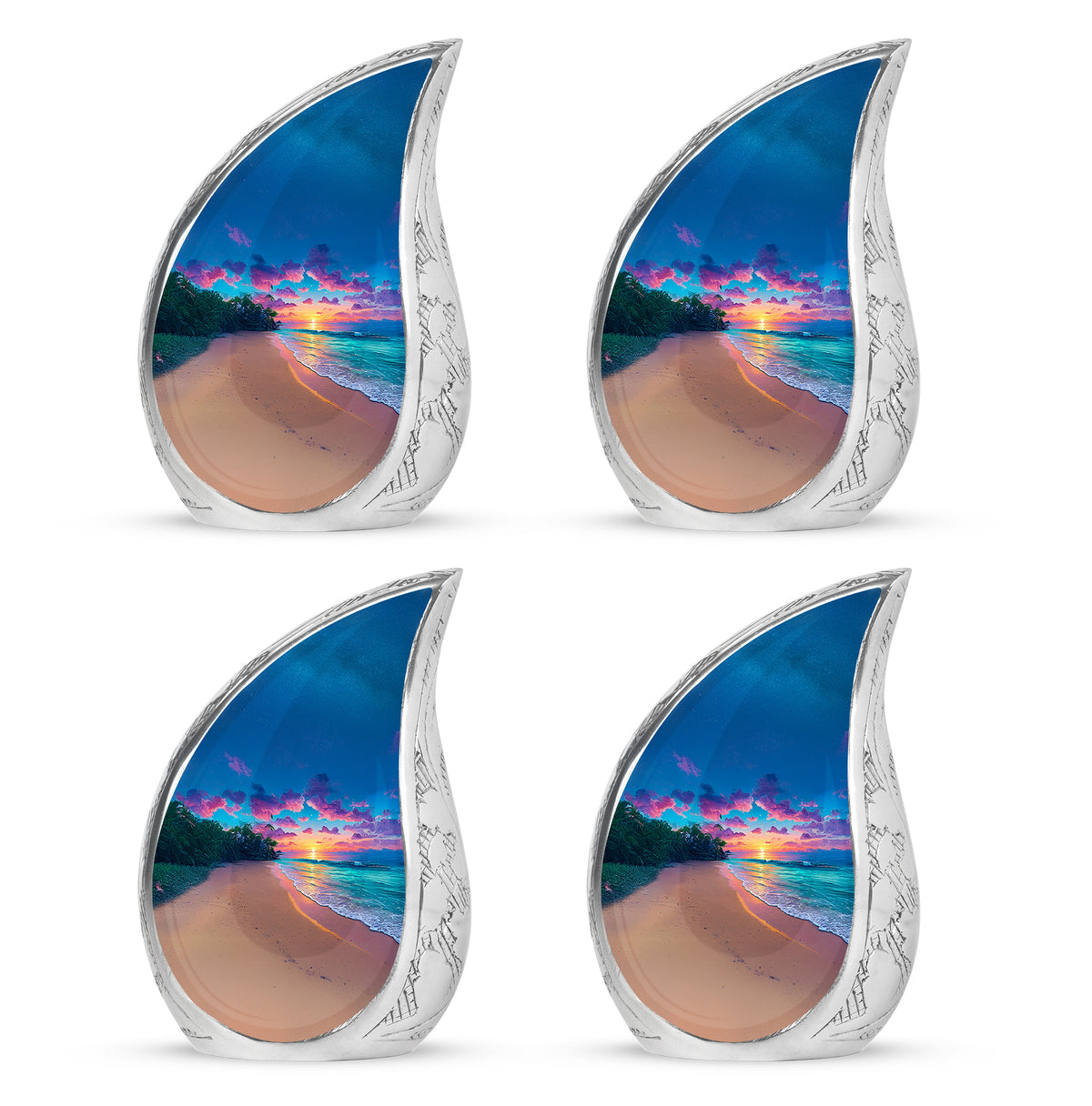 Serene Blue Beach Cremation Urn close-up of engraving and surface detail - graceful tear-shaped urn with beach motif - 10 inch aluminum urn for cremated remains