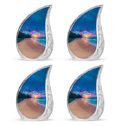 Serene Blue Beach Cremation Urn close-up of engraving and surface detail - graceful tear-shaped urn with beach motif - 10 inch aluminum urn for cremated remains
