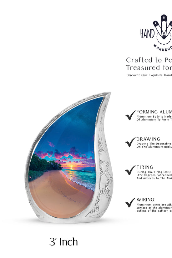 Pastel Blue Beach Cremation Urn angled view of lid and engraved motif - rounded teardrop beach design with delicate detail - mini keepsake memorial for portion of cremation ashes