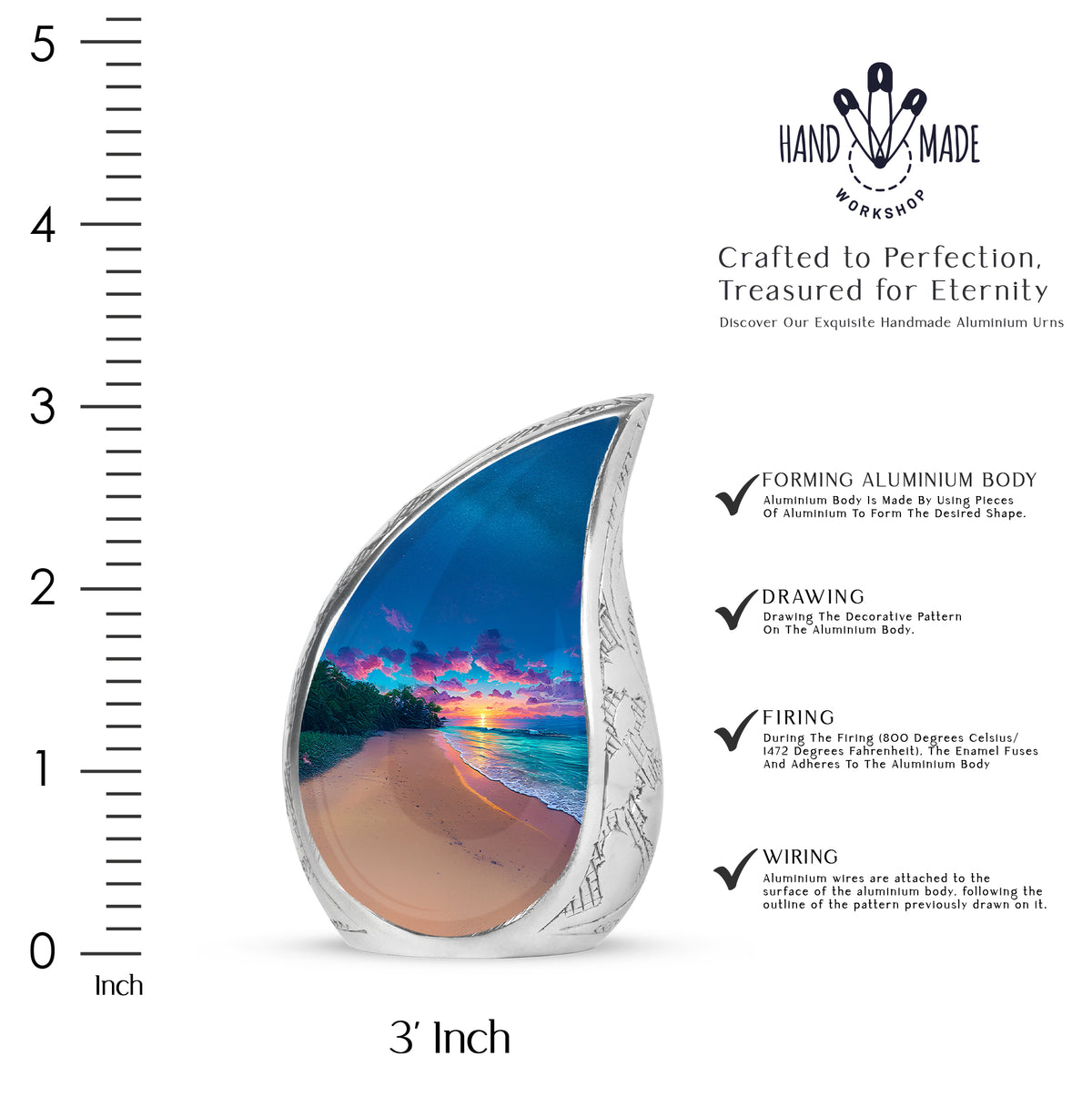 Pastel Blue Beach Cremation Urn angled view of lid and engraved motif - rounded teardrop beach design with delicate detail - mini keepsake memorial for portion of cremation ashes