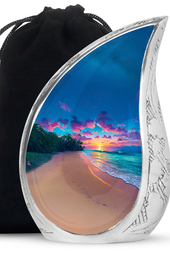 Bright Blue Beach Cremation Urn front view showing detailed design - smooth teardrop contour featuring beach art - full-size 10 inch 200 cubic inch adult cremation urn