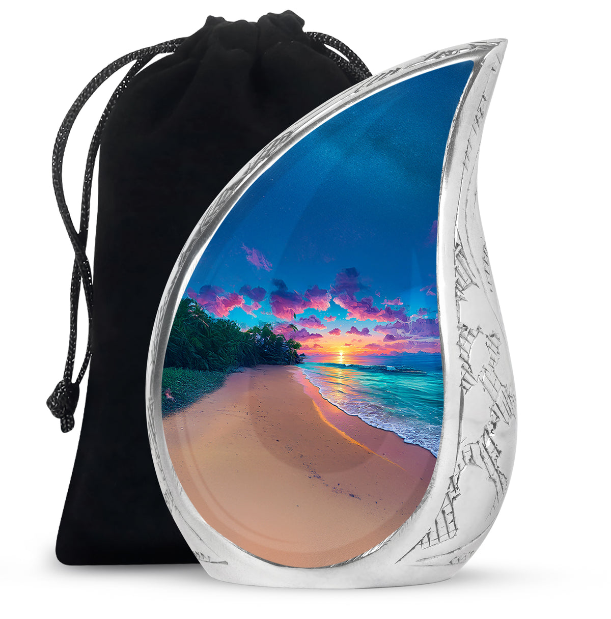 Bright Blue Beach Cremation Urn front view showing detailed design - smooth teardrop contour featuring beach art - full-size 10 inch 200 cubic inch adult cremation urn