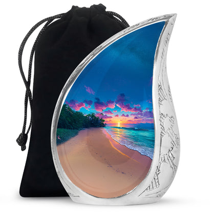 Bright Blue Beach Cremation Urn front view showing detailed design - smooth teardrop contour featuring beach art - full-size 10 inch 200 cubic inch adult cremation urn