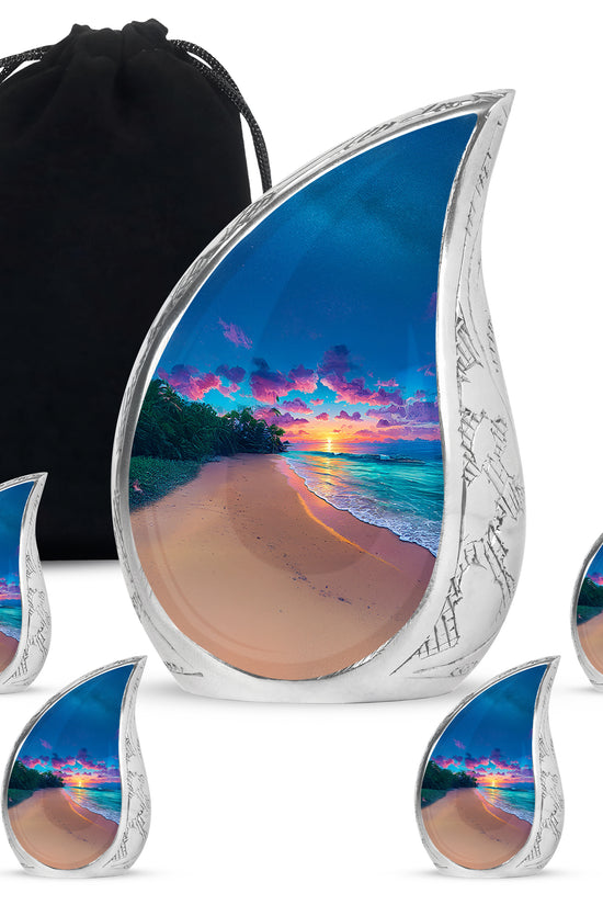 Twilight Blue Beach Cremation Urn side profile showing urn shape - graceful tear-shaped urn with beach motif - memorial set with one large and four small urns