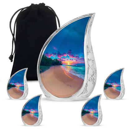 Twilight Blue Beach Cremation Urn side profile showing urn shape - graceful tear-shaped urn with beach motif - memorial set with one large and four small urns