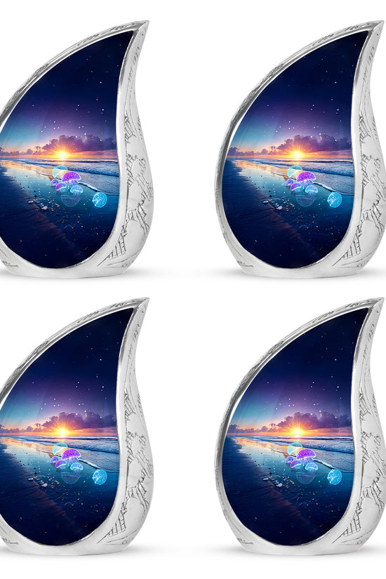 Cobalt Blue Beach Cremation Urn close-up of engraving and surface detail - graceful tear-shaped urn with beach motif - 10 inch aluminum urn for cremated remains