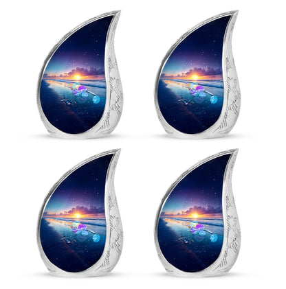 Cobalt Blue Beach Cremation Urn close-up of engraving and surface detail - graceful tear-shaped urn with beach motif - 10 inch aluminum urn for cremated remains