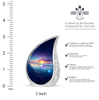 Cobalt Blue Beach Cremation Urn angled view of lid and engraved motif - graceful tear-shaped urn with beach motif - mini keepsake memorial for portion of cremation ashes