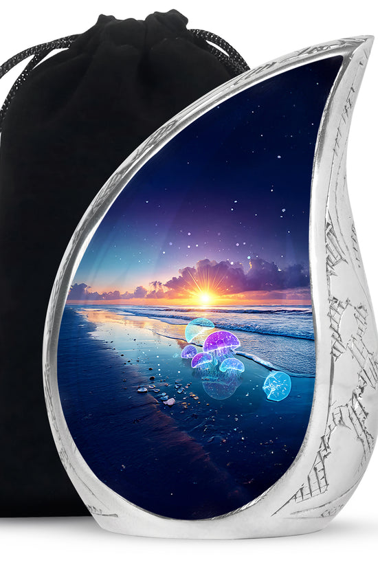 Sapphire Blue Beach Cremation Urn front view showing detailed design - smooth teardrop contour featuring beach art - full-size 10 inch 200 cubic inch adult cremation urn