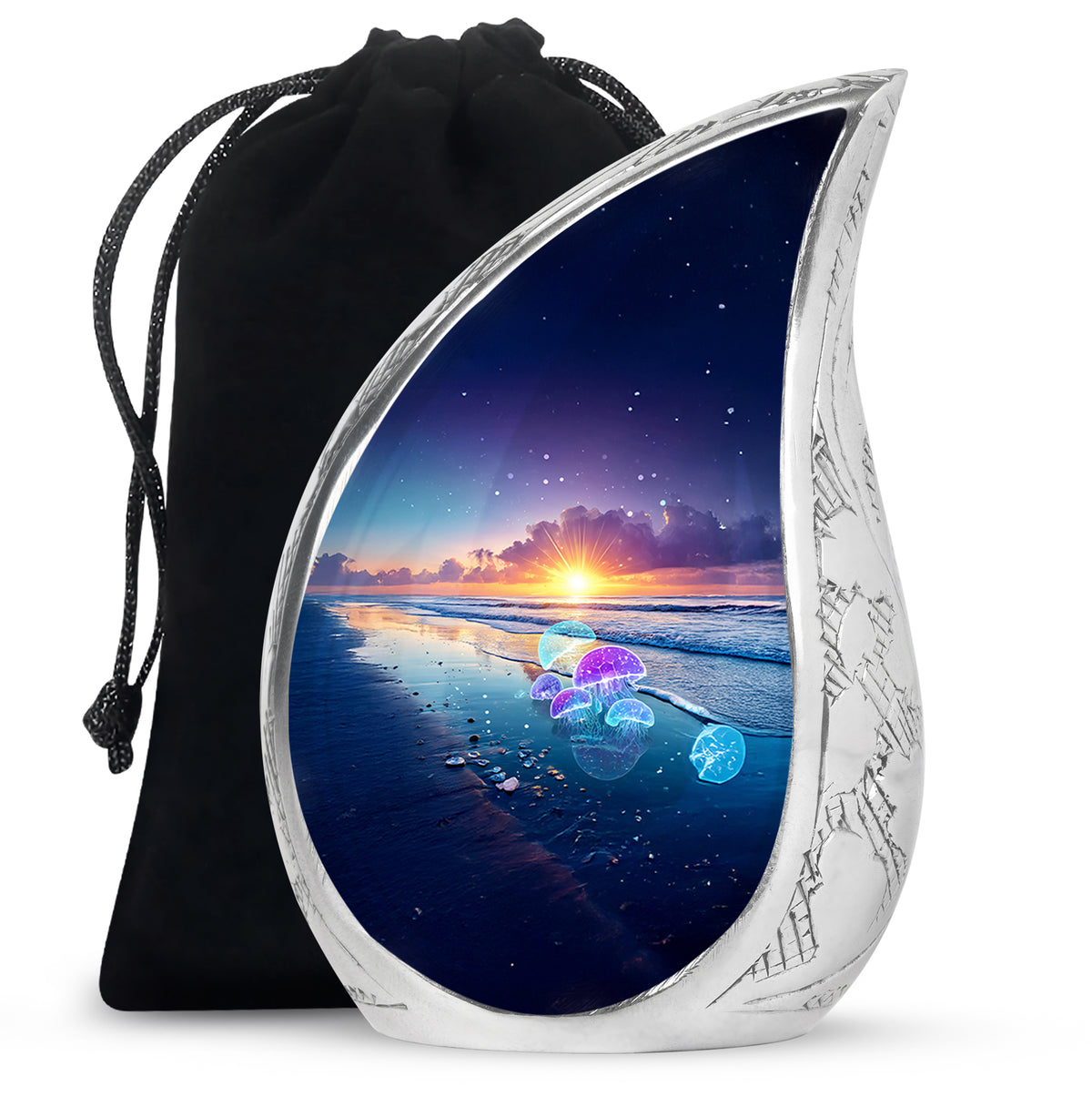 Sapphire Blue Beach Cremation Urn front view showing detailed design - smooth teardrop contour featuring beach art - full-size 10 inch 200 cubic inch adult cremation urn