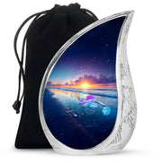 Sapphire Blue Beach Cremation Urn front view showing detailed design - smooth teardrop contour featuring beach art - full-size 10 inch 200 cubic inch adult cremation urn