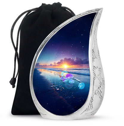 Sapphire Blue Beach Cremation Urn front view showing detailed design - smooth teardrop contour featuring beach art - full-size 10 inch 200 cubic inch adult cremation urn