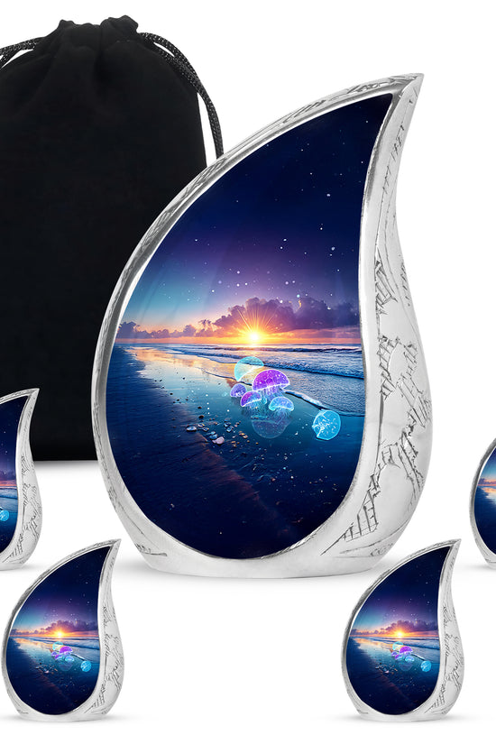 Cornflower Blue Beach Cremation Urn side profile showing urn shape - smooth teardrop contour featuring beach art - memorial set with one large and four small urns