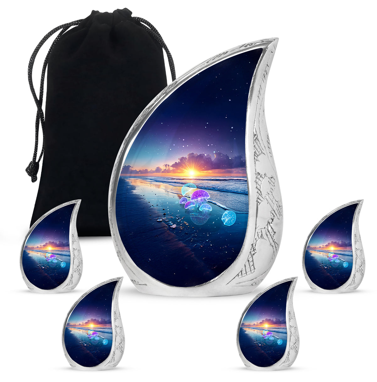 Cornflower Blue Beach Cremation Urn side profile showing urn shape - smooth teardrop contour featuring beach art - memorial set with one large and four small urns