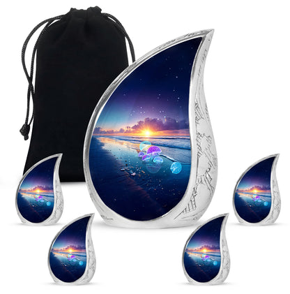 Cornflower Blue Beach Cremation Urn side profile showing urn shape - smooth teardrop contour featuring beach art - memorial set with one large and four small urns