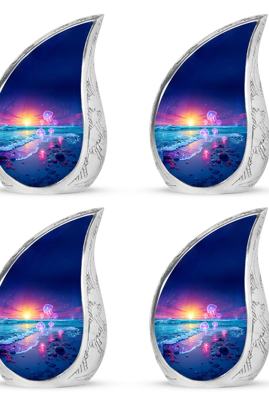 Sapphire Blue Beach Cremation Urn close-up of engraving and surface detail - graceful tear-shaped urn with beach motif - 10 inch aluminum urn for cremated remains