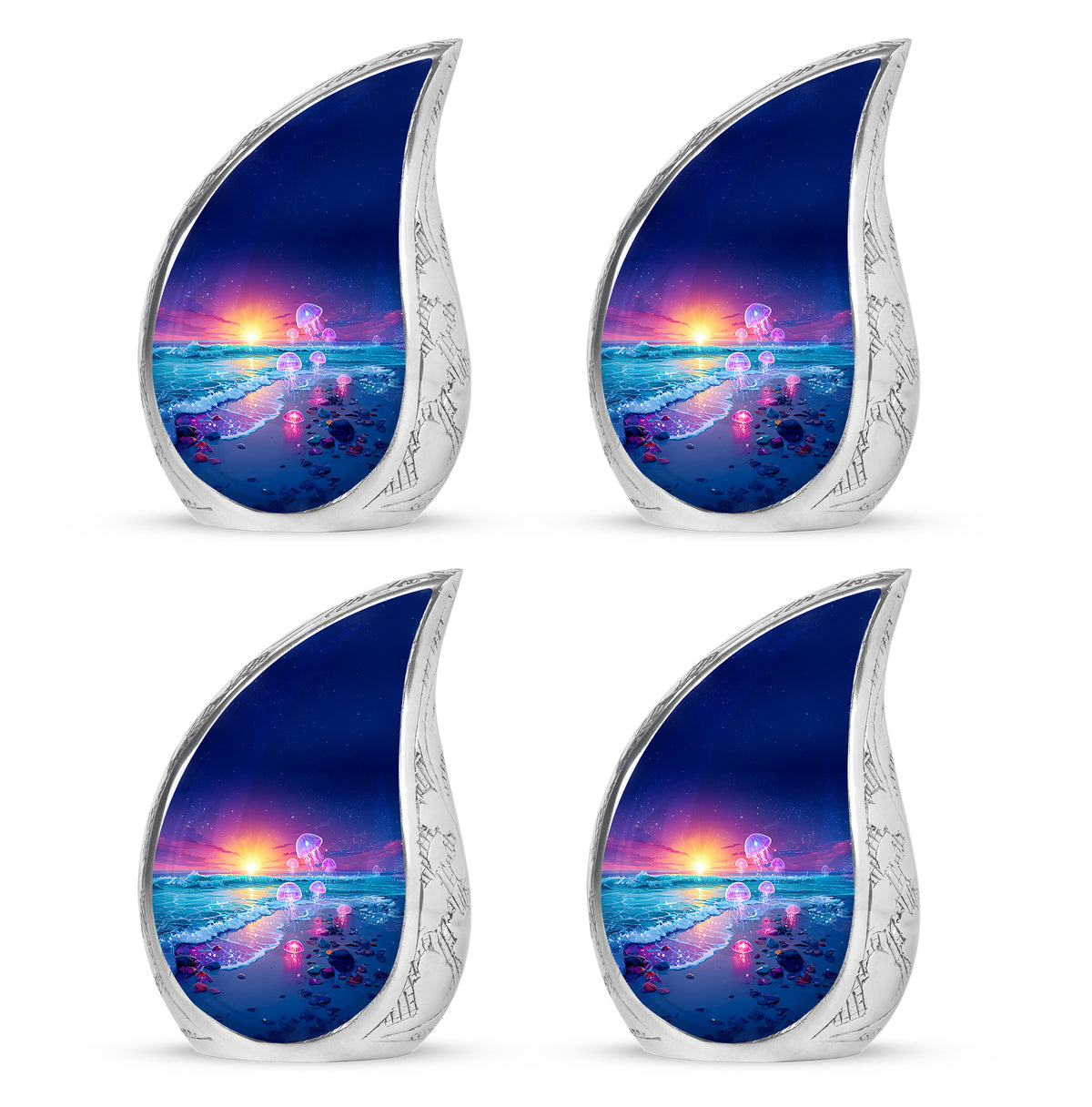 Sapphire Blue Beach Cremation Urn close-up of engraving and surface detail - graceful tear-shaped urn with beach motif - 10 inch aluminum urn for cremated remains